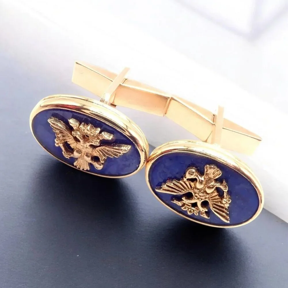 Authentic! Franklin Mint Faberge Imperial Eagle 14k Yellow Gold Lapis Cufflinks
